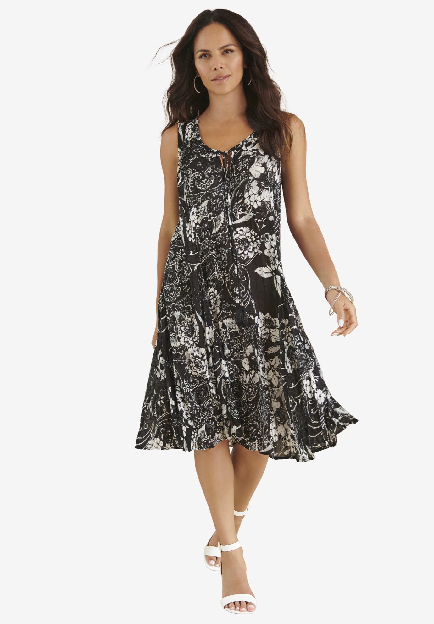 Hand-Crinkled A-Line Dress with Tassel Ties, BLACK PAISLEY GARDEN, hi-res image number 0