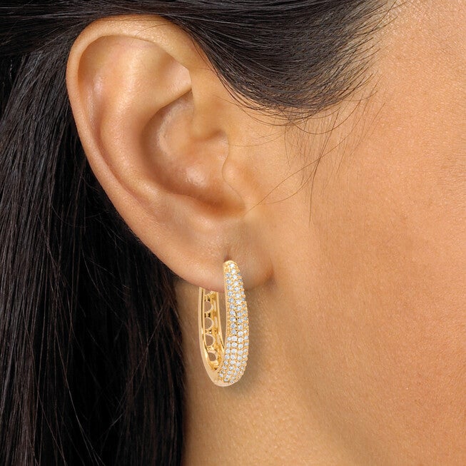 Crystal Four-Row Oval Pave-Style Goldtone Hoop Earrings, WHITE, alternate image number 2