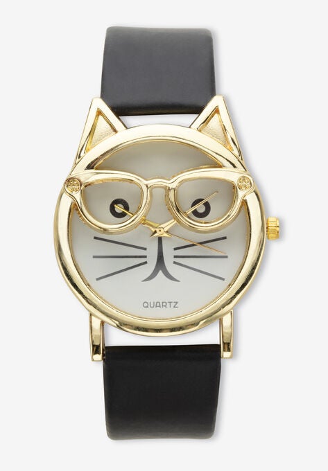 Cat Watch Gold Tone With Adjustable Black Strap 8" Length, GOLD, hi-res image number null
