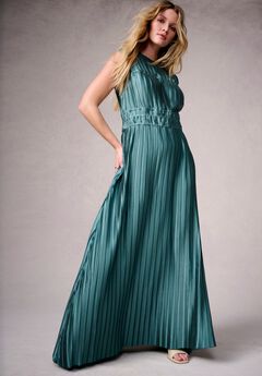 Boatneck Plisse Cap-Sleeve Maxi Dress