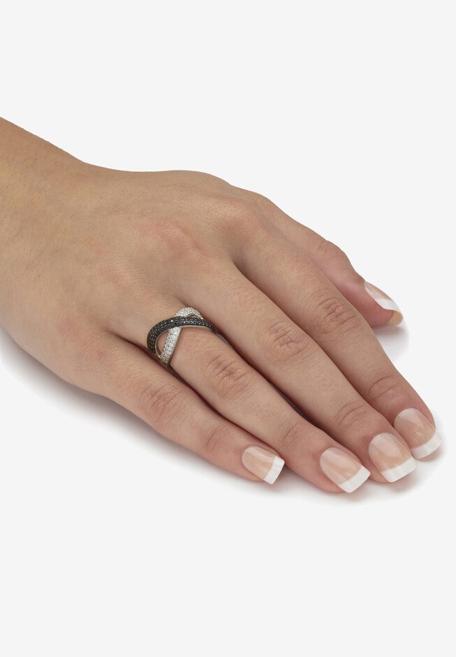 .54 Tcw Round Genuine Zircon And Black Spinel Sterling Silver Crossover Ring, , alternate image number 2