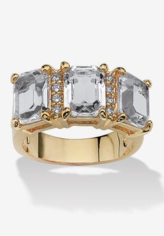 Yellow Gold-Plated Emerald Cut 3 -Stone Simulated Birthstone & CZ Ring