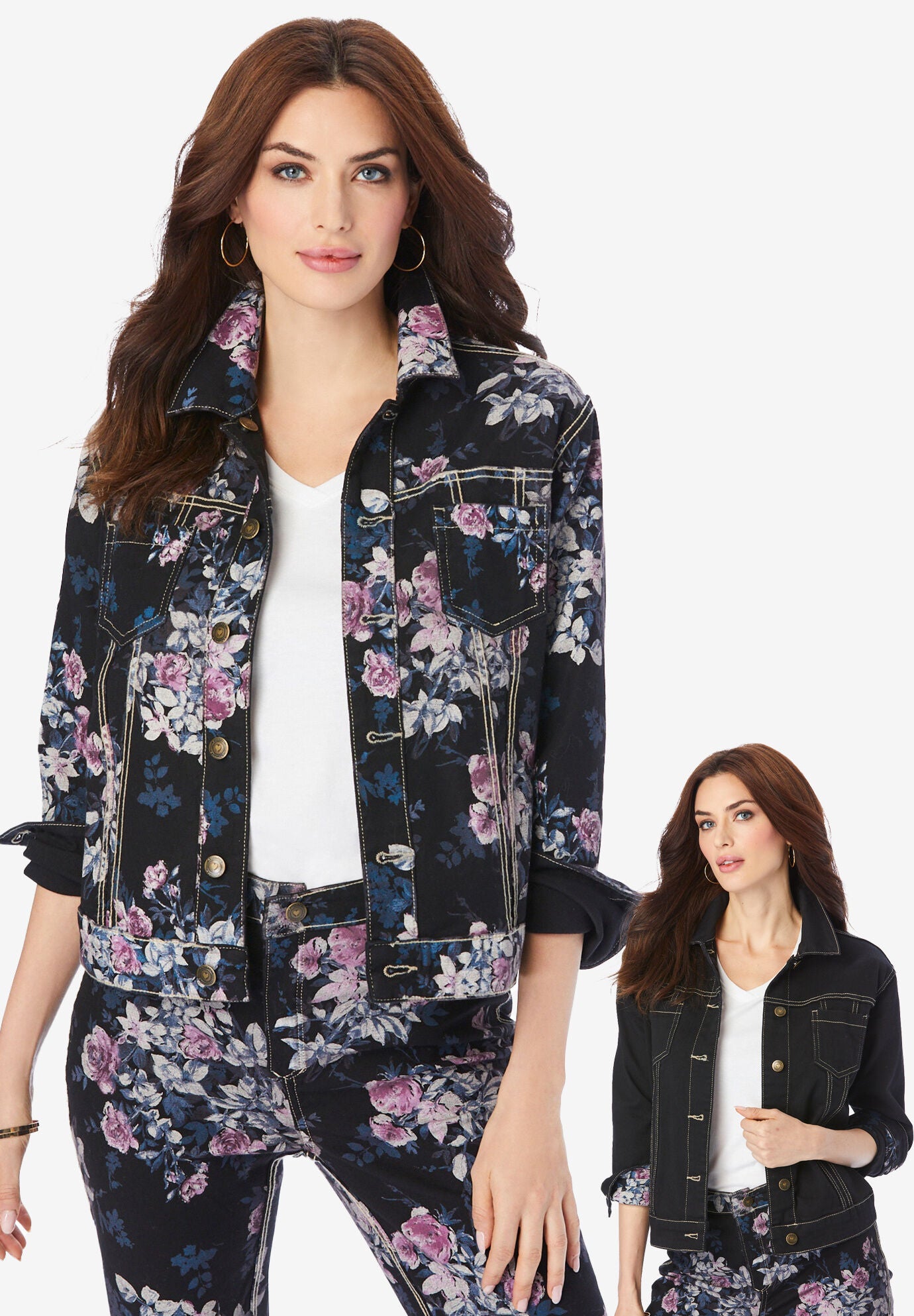 Reversible Stretch Denim Jacket, BLACK BLOOMING ROSE, hi-res image number 0