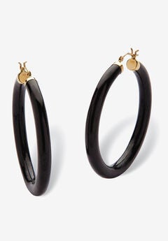 Genuine Black Jade Hoop Earrings In 14K Yellow Gold
