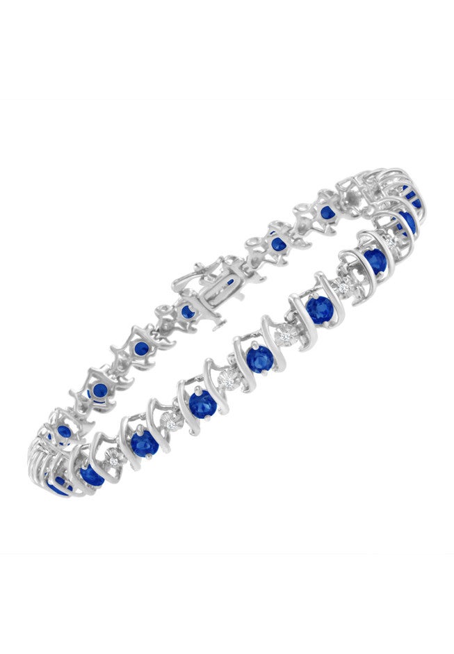 Sterling Silver Gemstone & Round Diamond Tennis Bracelet Blue Sapphire September Birthstone, , alternate image number 2