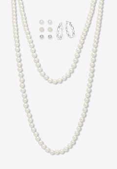 Simulated Pearl Silvertone Endless Necklace And Earrings Set, 70 Inches