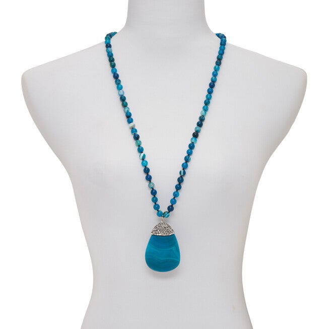Round Genuine Blue Agate Crystal Accented Silvertone Drop Necklace 34 Inch, BLUE, alternate image number 3