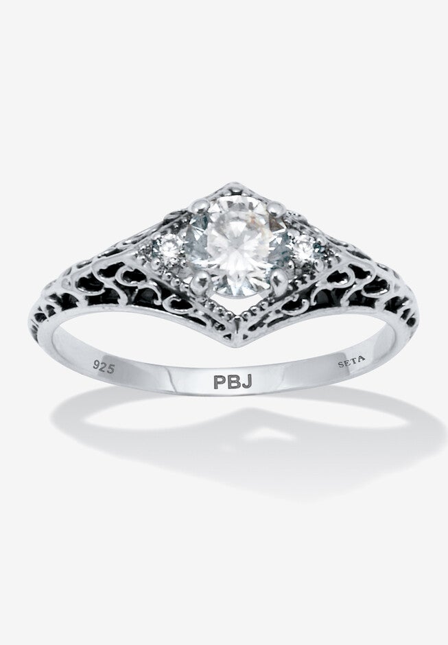 .75 Tcw Round Cubic Zirconia Antiqued Sterling Silver Filigree Ring, WHITE, hi-res image number 0