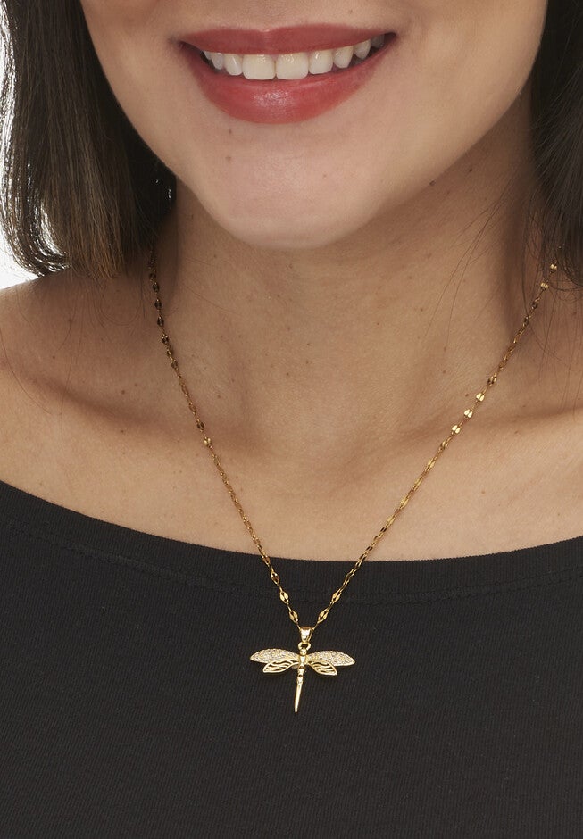 Round Crystal Goldtone Dragonfly Pendant Necklace, 16 To 18-Inch Length, , alternate image number null