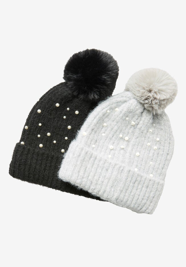 Pearl-Embellished Ribbed Beanie Hat., , alternate image number null