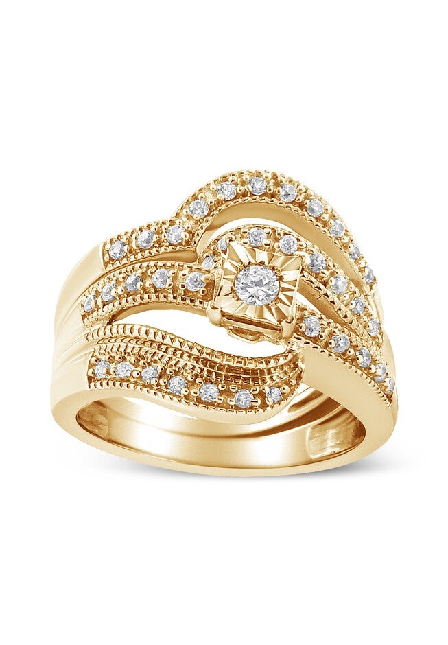 Yellow Gold Plated Silver 1/3 Cttw Round Diamond Crisscross Engagement Ring Bridal Set, YELLOW GOLD, hi-res image number 0