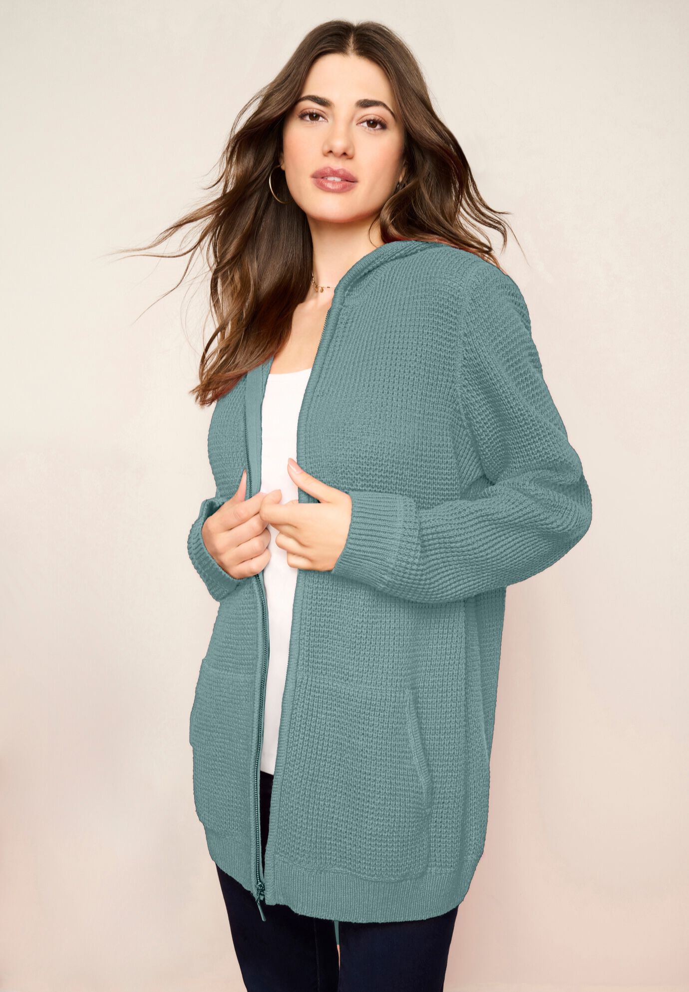 Plus Size Waffle Knit Zip-Front Relaxed Hoodie, COOL SAGE, alternate image number 2