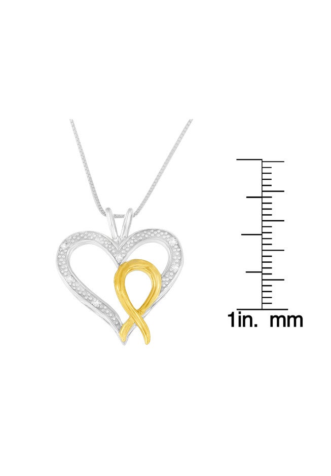 Silver Two Toned Diamond Accent Heart-Ribbon Pendant Necklace, , alternate image number 3