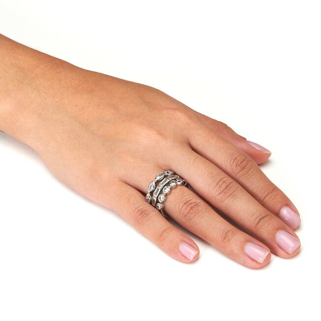 3-Set Stack Silvertone Multi-Shape Ring Set, WHITE, alternate image number null