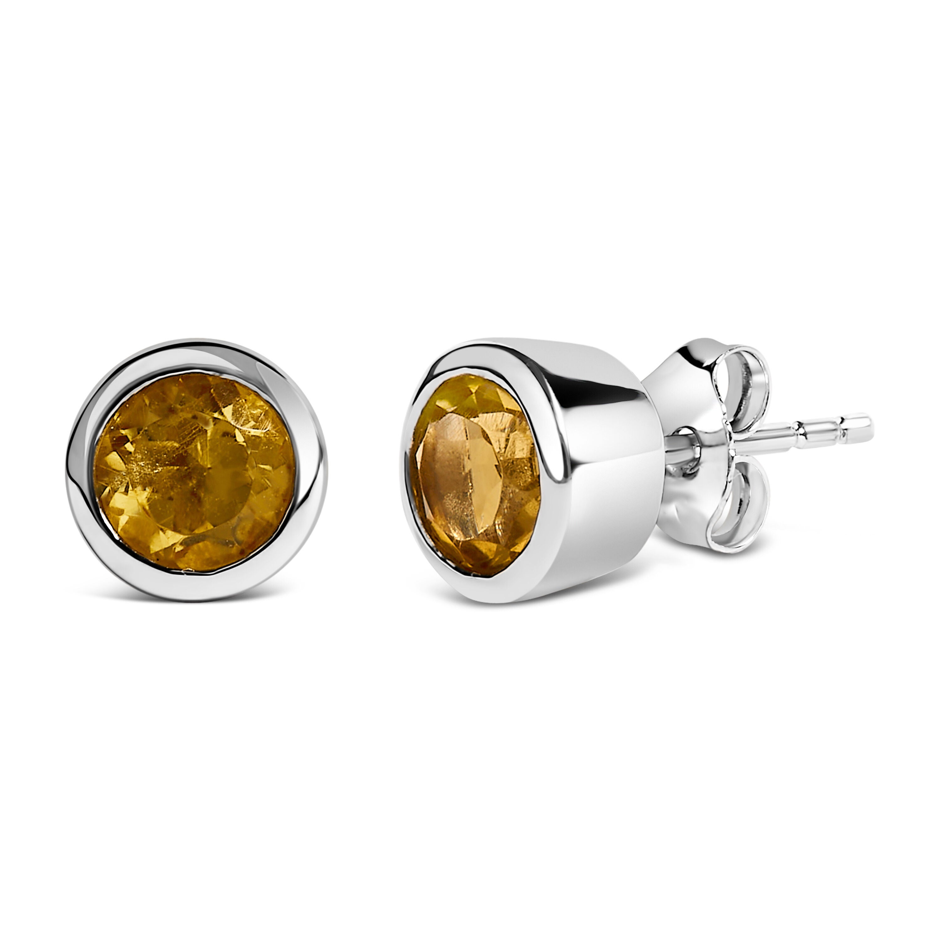 .925 Sterling Silver 6MM Bezel Set Created Yellow Citrine Solitaire Stud Earrings, YELLOW, on-hover image number 1