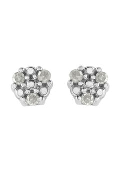 Silver 1/10 Cttw Prong Set Round-Cut Trio Diamond Stud Earrings