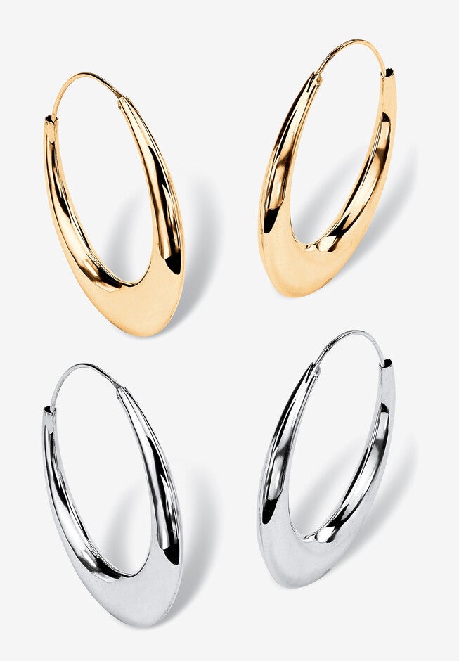 Gold-Plated And Sterling Silver Polished Puffed Hoop Earring Set 1 7/8 Inch, GOLD SILVER, hi-res image number 0