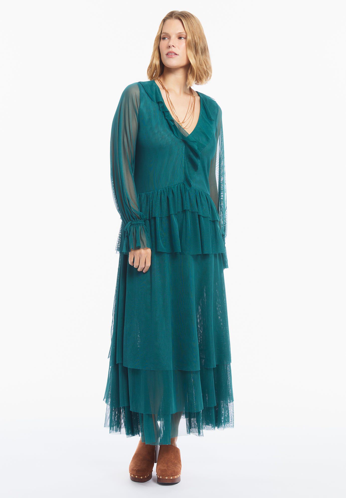 Long Sleeve Ruffled Mesh Maxi Dress