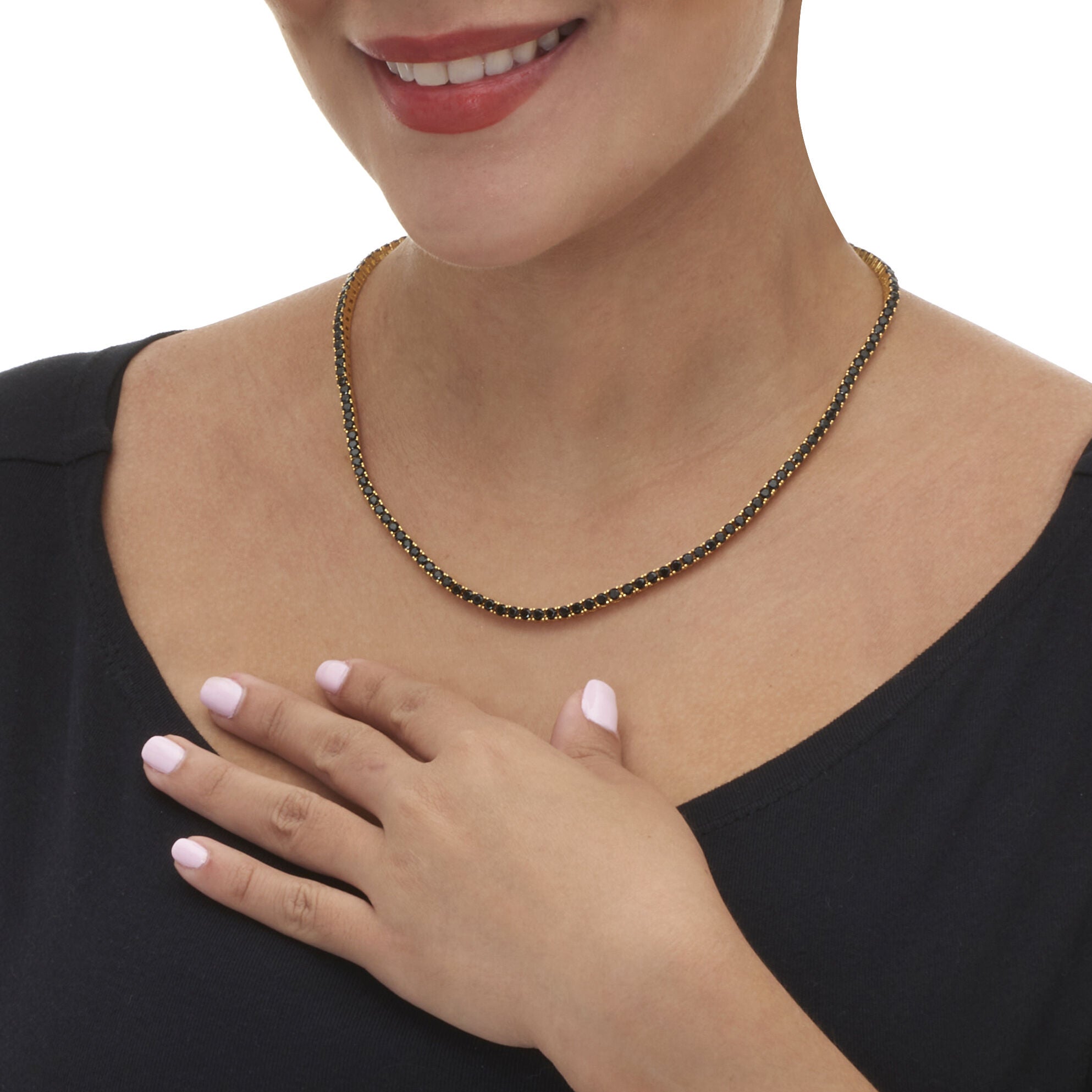 Round Black Cubic Zirconia 14k Yellow Gold-Plated Tennis Necklace 18-inch, GOLD, alternate image number 2