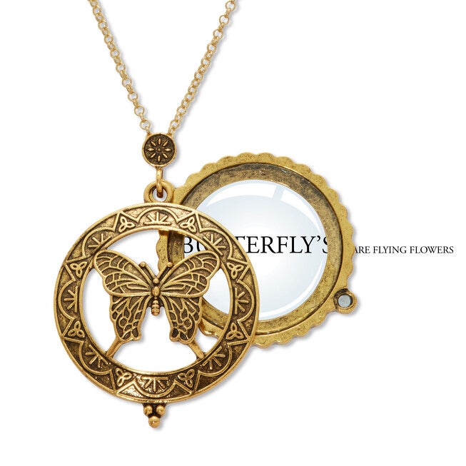 Butterfly Magnifying Glass Goldtone Pendant Necklace 24 inches, YELLOW, hi-res image number null