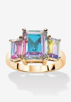 Gold-Plated Emerald Cut And Aurora Borealis Cubic Zirconia Ring Jewelry