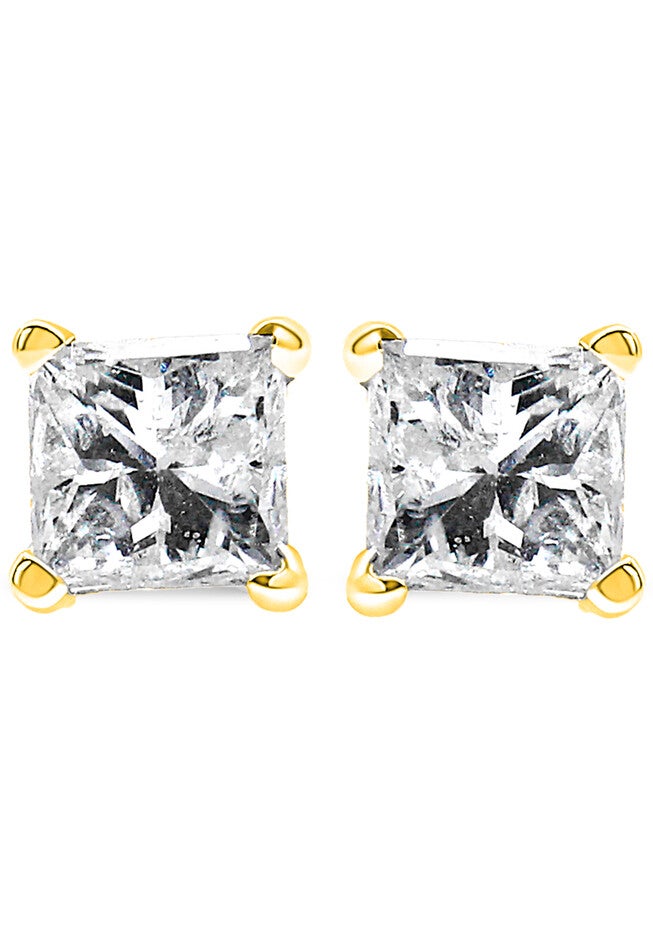 Yellow Gold Princesscut Diamond Petite Classic Square Stud Earrings, , on-hover image number 1