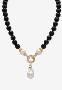 1.72 Cttw. Black Agate & Keshi Pearl Drop Beaded Necklace Gold-Plated 20" Length