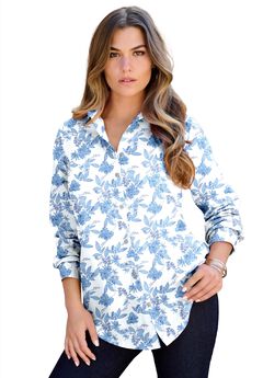 Plus Size Kate Long Sleeve Easy Cotton-Blend Button-Front Shirt