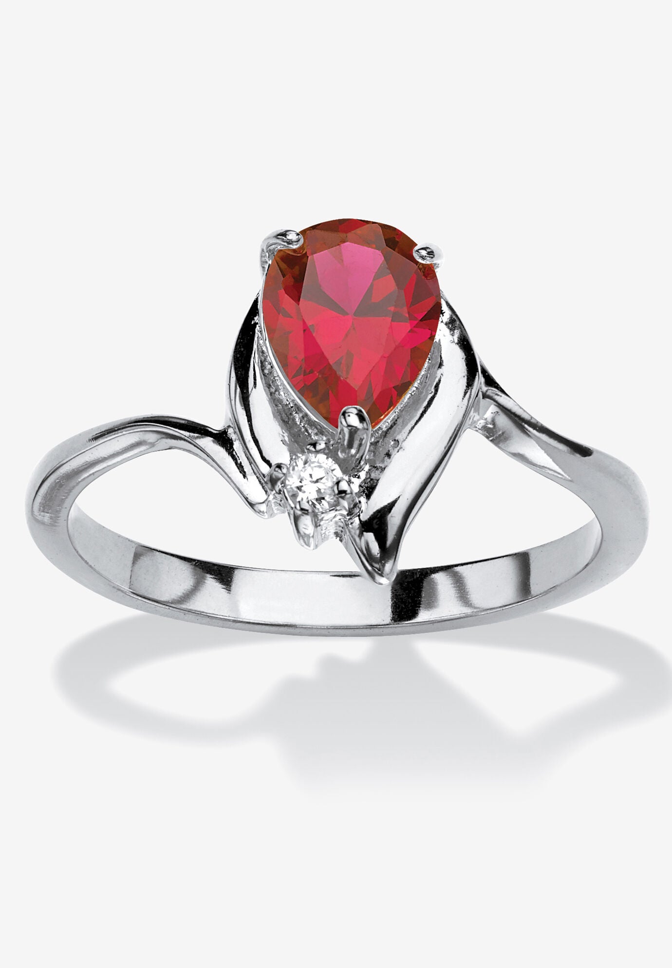 Silvertone Simulated Pear Cut Birthstone And Round Crystal Ring Jewelry, RUBY, hi-res image number 0