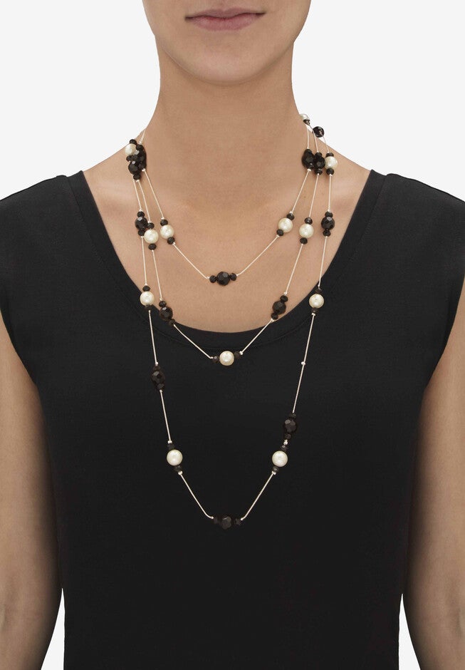 Simulated Black Onyx And Pearl Silvertone Beaded Multi-Strand Necklace 70 inches, , alternate image number null