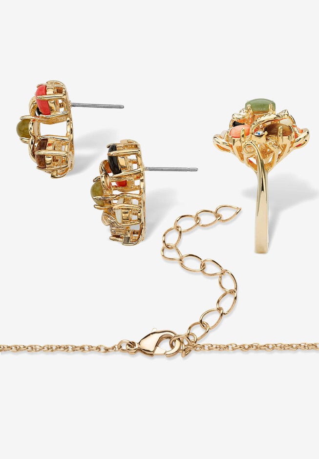 Yellow Gold-Plated Genuine Gemstone Ring, Earring And Necklace Set Jewelry, , on-hover image number null
