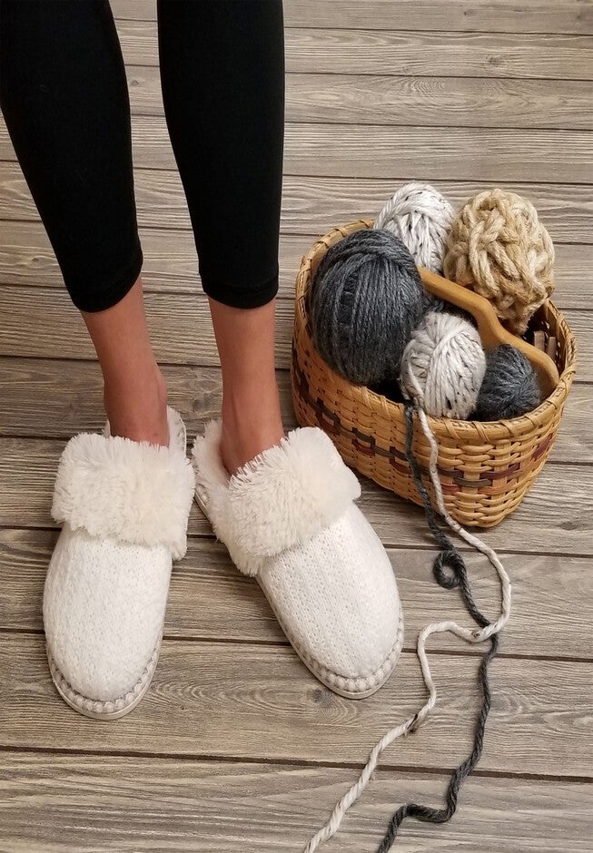 Textured Knit Scuff With Fur Lining Slippers, , alternate image number null