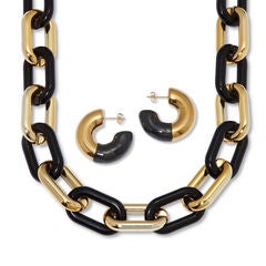 Acrylic Link Necklace Black and Gold Ion-Plated Stainless Steel Earrings Set