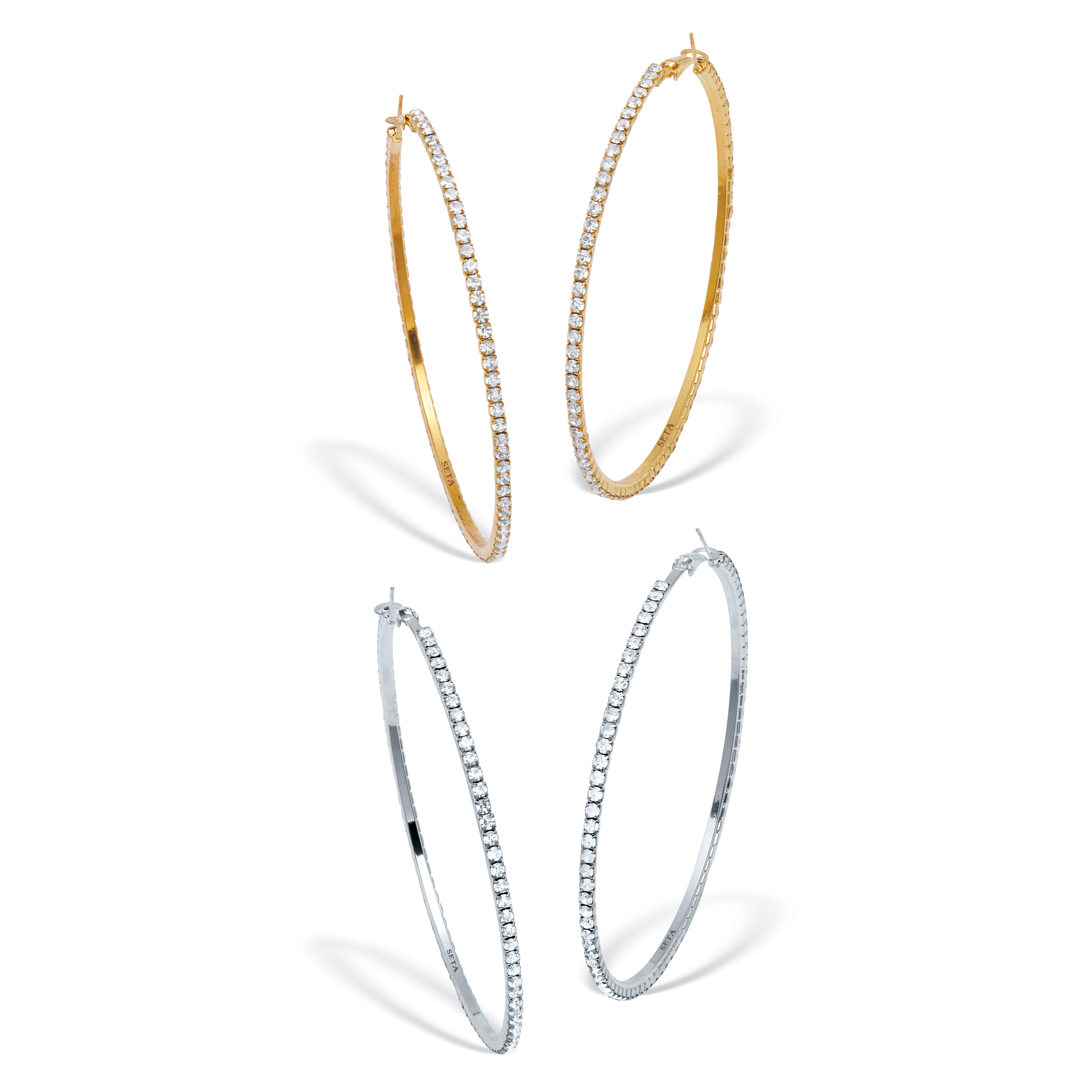 2 Pair Crystal Hoop Goldtone and Silvertone Earrings, WHITE, hi-res image number 0