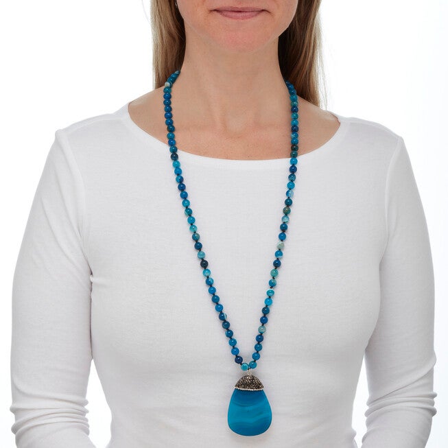 Round Genuine Blue Agate Crystal Accented Silvertone Drop Necklace 34 Inch, BLUE, alternate image number 2
