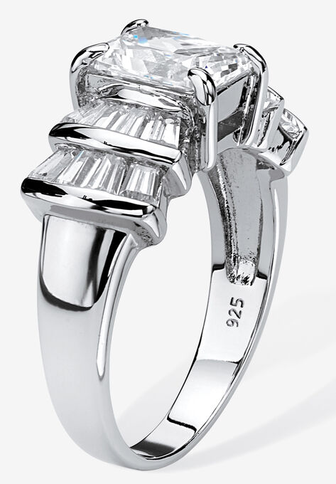 Platinum over Silver Emerald Cut Cubic Zirconia Step Top Engagement Ring (3 1/10 cttw TDW), , on-hover image number null