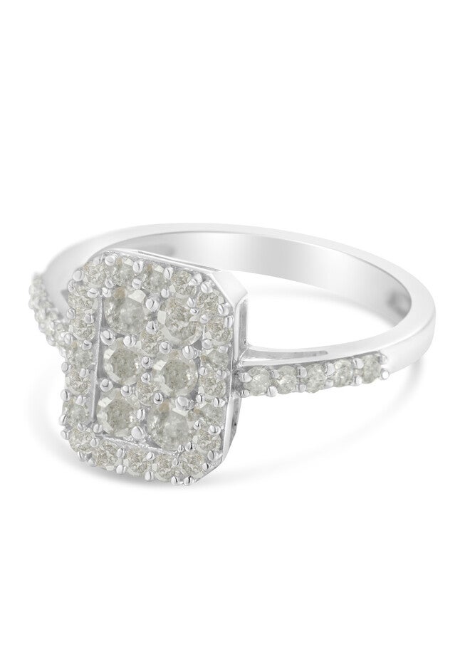Sterling Silver Diamond Emeraldshaped Cluster With Halo Cathedral Style Cocktail Ring, , on-hover image number 1
