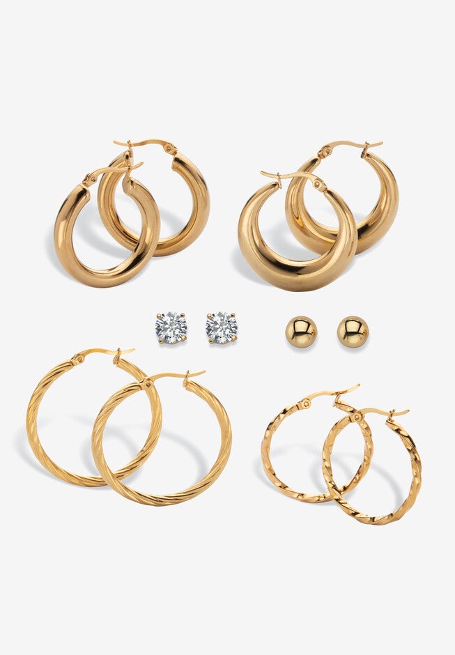 4 Cttw. 6-Pair Cz Stud & Hoop Set Goldtone & Gold Ion Plated Stainless Steel, GOLD, hi-res image number null