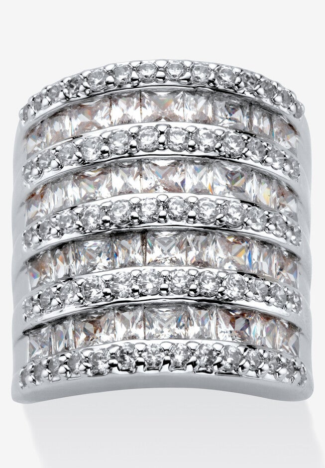 6.26 Tcw Baguette-Cut And Round Cubic Zirconia Silvertone Cocktail Ring, SILVER, hi-res image number 0