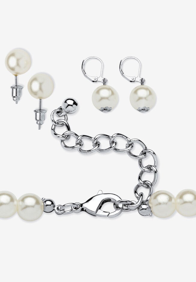 Simulated Pearl Silvertone Necklace And 2-Pair Earrings Set, , on-hover image number 1