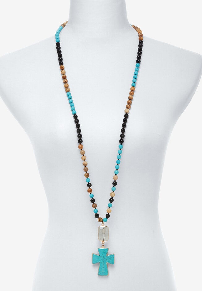 Genuine Turquoise Jasper And Multicolor Agate Beaded Cross Necklace 40 Inch, , alternate image number 3