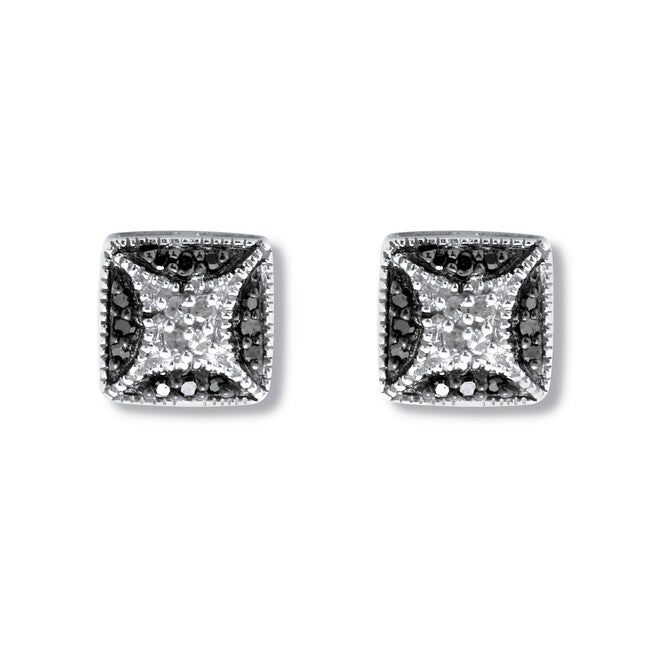 .22 TCW Black and White Diamond Sterling Silver Square Stud Earrings (3/10 inch), WHITE, hi-res image number 0
