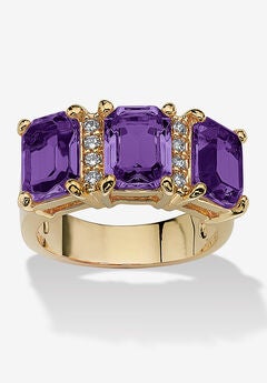 Yellow Gold-Plated Emerald Cut 3 -Stone Simulated Birthstone & CZ Ring