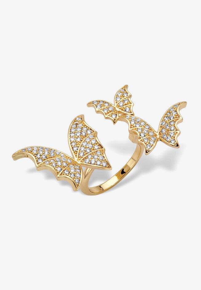 Goldtone Round Crystal Adjustable Butterfly Ring, GOLD, hi-res image number null