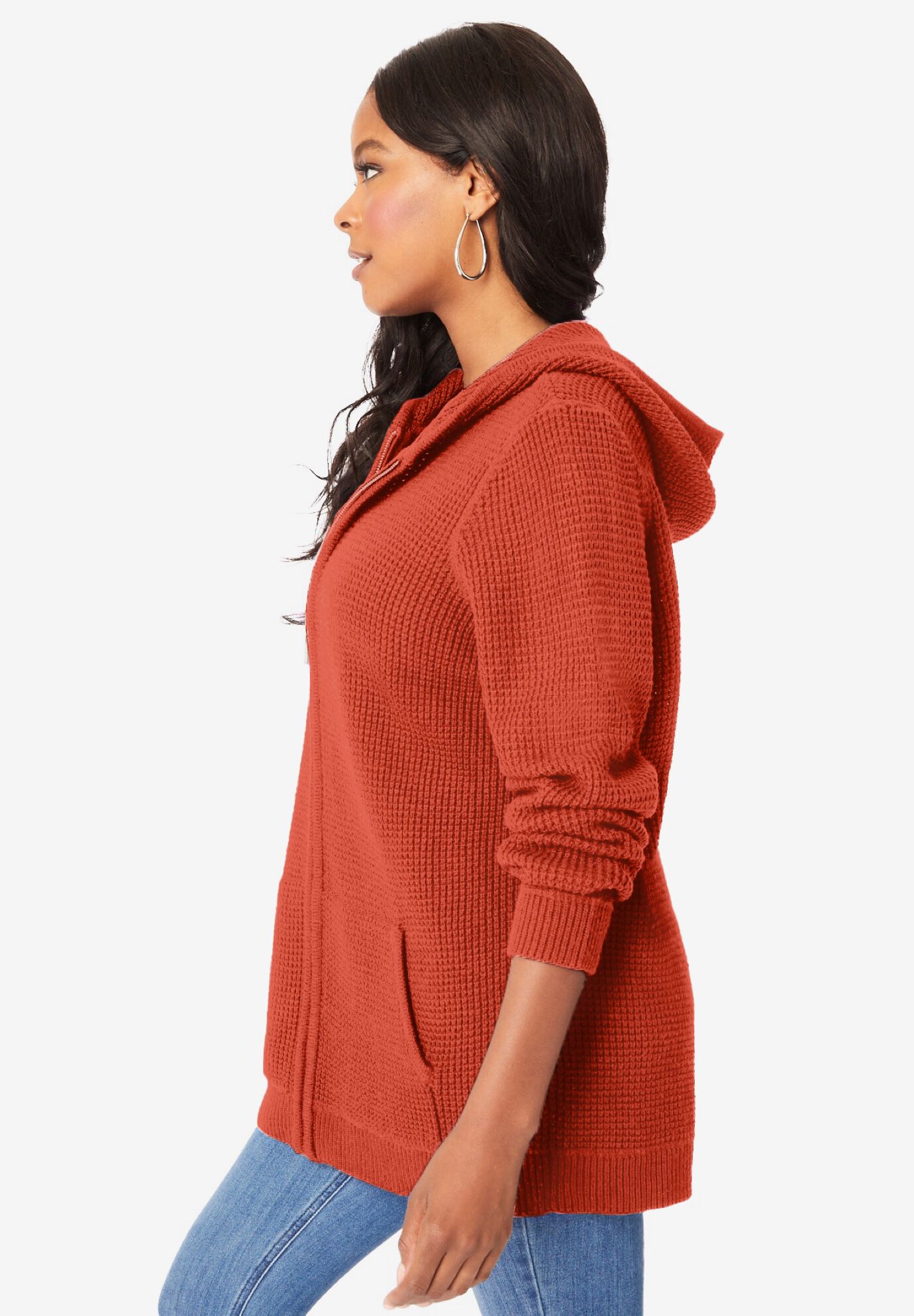 Plus Size Waffle Knit Zip-Front Relaxed Hoodie, COPPER RED, alternate image number 3