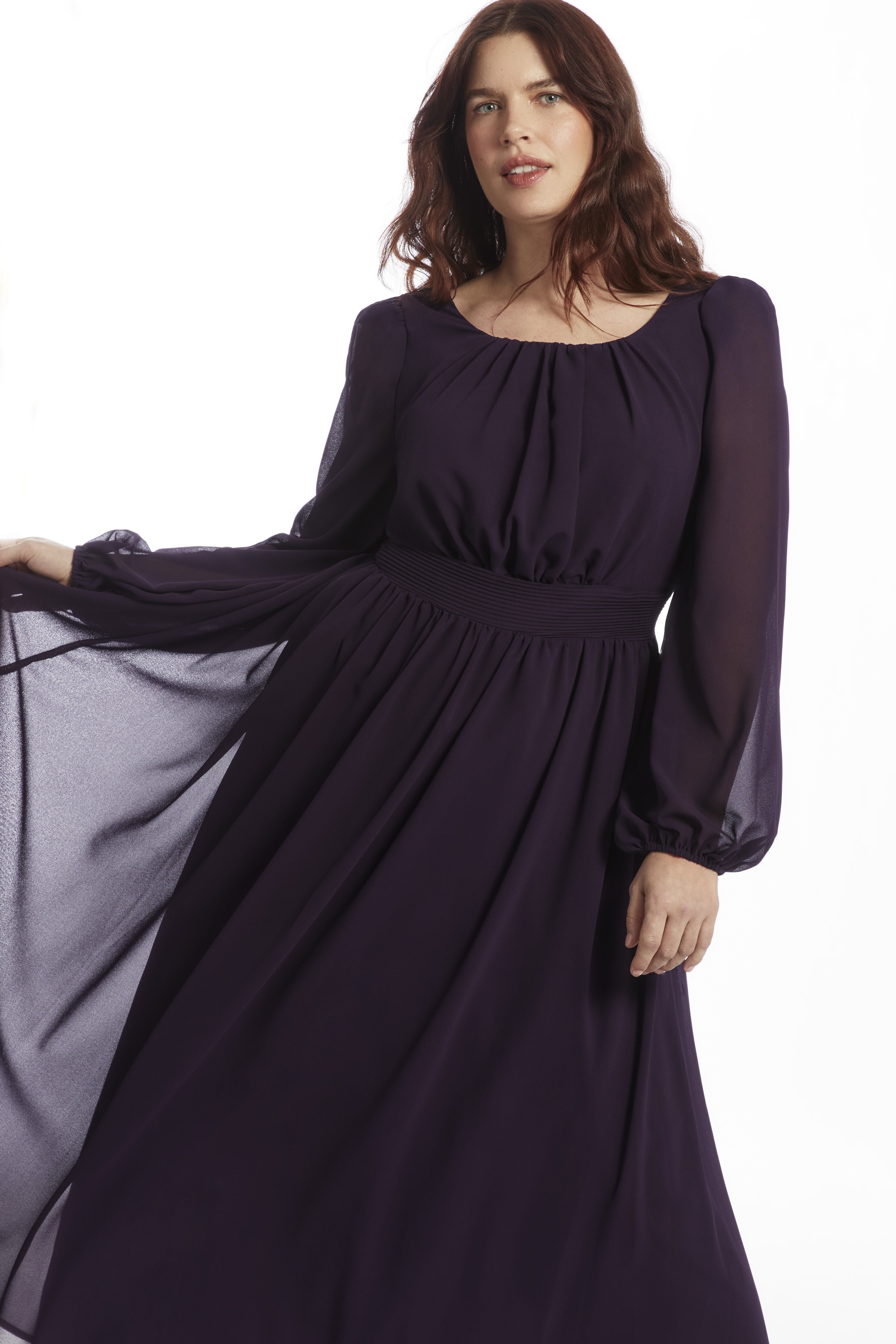 Scoop Neck Shirred Chiffon Gown, , on-hover image number 1