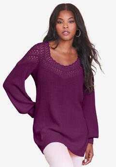 Plus Size Crochet Pullover Sweater with Sweetheart Neckline