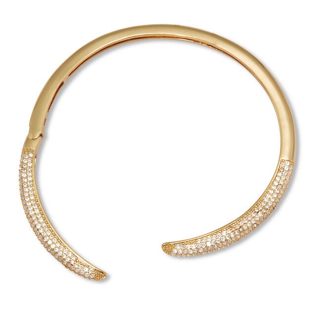 Crystal Cuff Bangle Yellow Goldtone Sleek Bracelet 7-inch, WHITE, on-hover image number 1