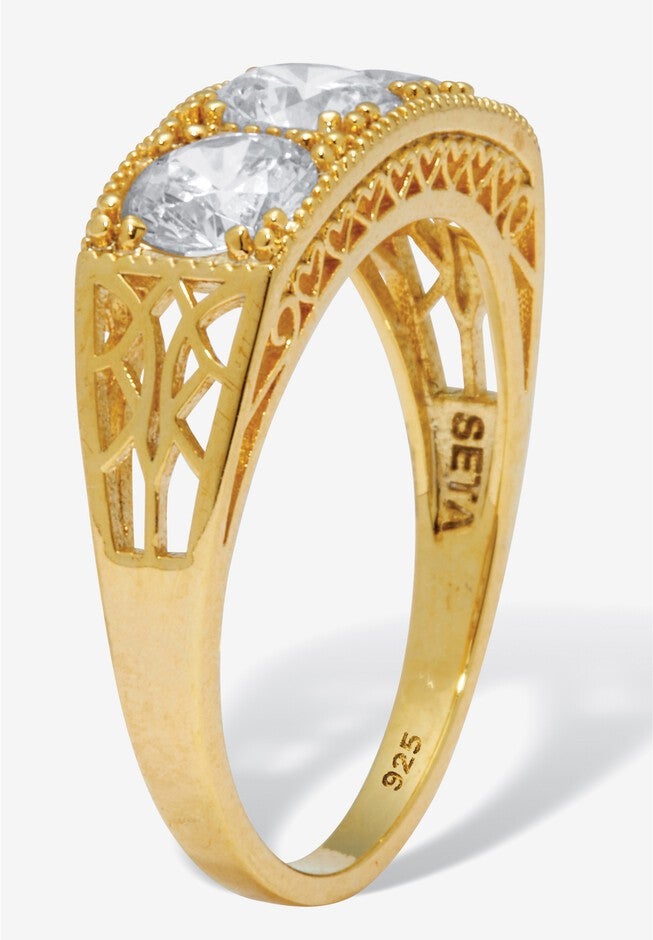 4.50 Tcw Round Cubic Zirconia Yellow Gold-Plated Sterling Silver 3-Stone Ring, , on-hover image number null