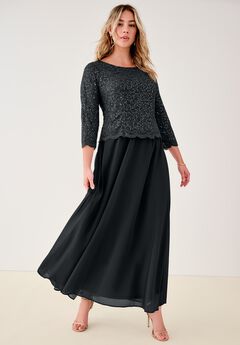 Plus Size Sequin Lace Three Quarter Sleeve A-Line Gown